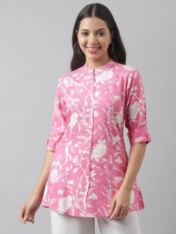 Divena - Light Pink Floral Printed Rayon A-Line Shirt Style Top