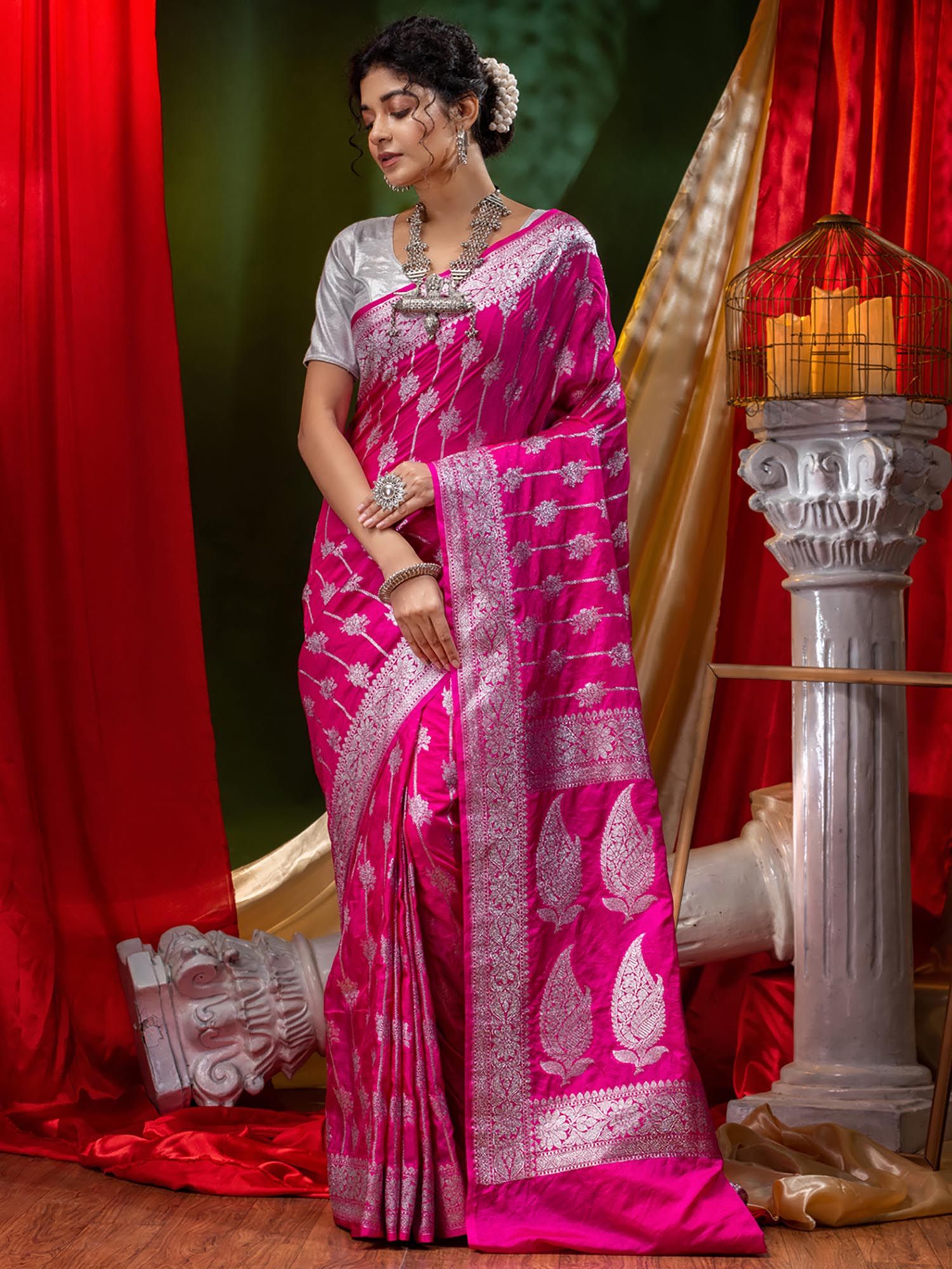 silver blouse with pink work