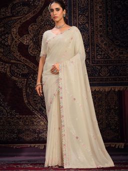 Odette - Off White Embellished Georgette Saree with Unstitched Blouse