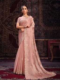 Odette - Peach Embellished Organza Saree with Unstitched Blouse