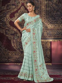 Odette - Blue Embellished Georgette Saree with Unstitched Blouse