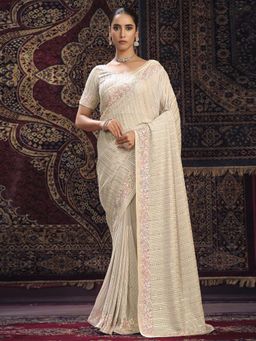 Odette - Cream Embellished Georgette Saree with Unstitched Blouse