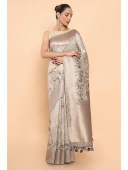 Soch - Women Beige Cotton Printed Saree with Unstitched Blouse