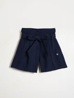 Blue Giraffe - Navy Blue Polyester Textured Shorts with Belt