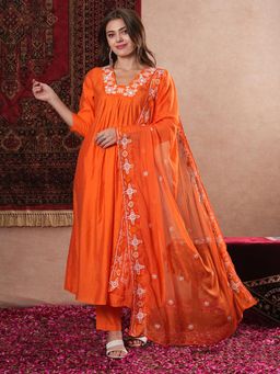 Gahan - Rayon Neck Embroidered Gathered Detailed Orange Anarkali with Pant & Dupatta (Set of 3)