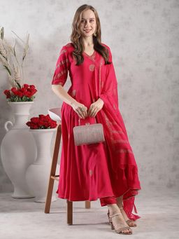 Gahan - Rayon Ethnic Motif Printed Pink Angrakha Kurta with Pant & Dupatta (Set of 3)