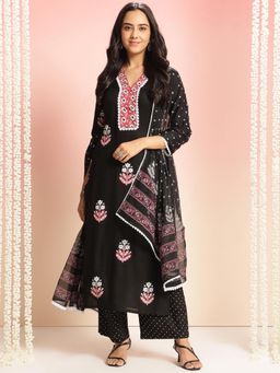 Gahan - Rayon Bright Floral Black Straight Kurta with Pant & Printed Dupatta (Set of 3)