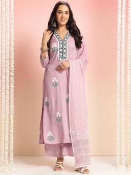 Gahan - Rayon Bright Floral Purple Straight Kurta with Pant & Printed Dupatta (Set of 3)