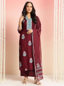 Gahan - Rayon Bright Floral Wine Straight Kurta Pant & Printed Dupatta (Set of 3)