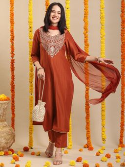 Gahan - Rayon Zari Neck Embroidered Yoke Mustard Kurta with Pant & Dupatta (Set of 3)