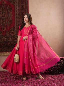 Gahan - Rayon Foil Printed Gota Embellished Pink Anarkali with Pant & Dupatta (Set of 3)