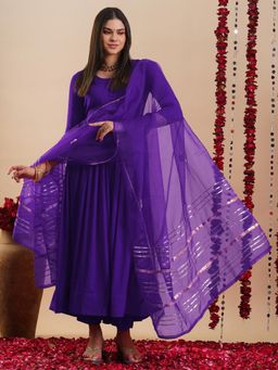 Gahan - Rayon Solid Purple Pleated Anarkali with Pant & Gota Patti Dupatta (Set of 3)