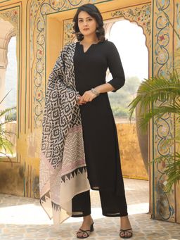 Gahan - Rayon Solid Black Straight Kurta with Pant & Ikat Printed Dupatta (Set of 3)