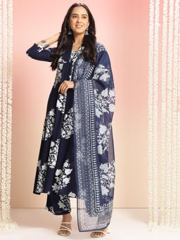 Gahan - Rayon Floral Printed Blue Straight Kurta with Pant & Printed Dupatta (Set of 3)