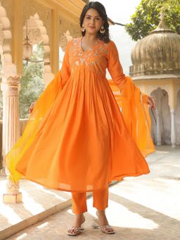 Gahan - Rayon Neck Embroidered Gathered Detailed Orange Anarkali with Pant & Dupatta (Set of 3)