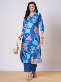 Gahan - Rayon V Neck Floral Printed Blue Kurta & Solid Pant (Set of 2)