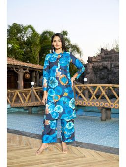 Gahan - Rayon Mandarin Neck Floral Printed Blue Kurta & Pant (Set of 2)