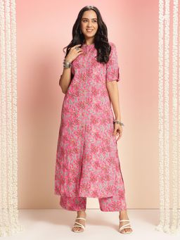 Gahan - Rayon Floral Printed Pink Button Detailed Kurta & Pant (Set of 2)