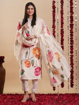 Gahan - Rayon Mandarin Neck Bright Floral Printed Cream Kurta with Pant & Dupatta (Set of 3)