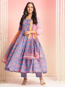 Gahan - Rayon Floral Blue Pleated Anarkali with Pant & Printed Dupatta (Set of 3)