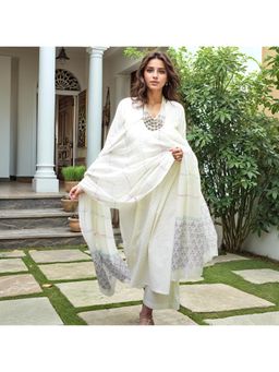 Gahan - Rayon White Angrakha with Pant & Printed Dupatta (Set of 3)