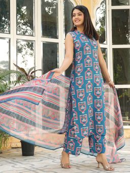 Gahan - Rayon Round Neck Abstract Printed Blue Sleeveless Kurta with Pant & Dupatta (Set of 3)