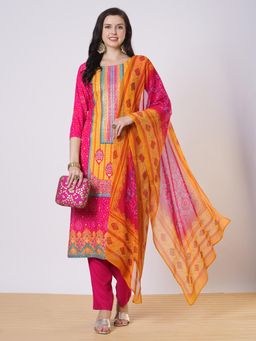 Gahan - Rayon Bandhani Pink Straight Kurta with Pant & Printed Dupatta (Set of 3)