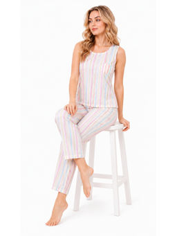 Tripursundari Fashion - Cotton Sleeveless Pastel Stripe Printed Round Neck Top with Pyjama