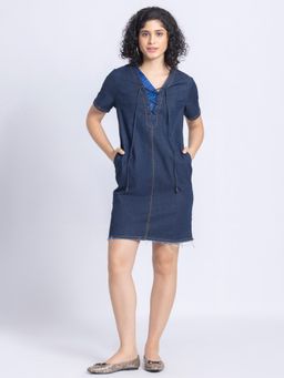 SHAYE - V-Neck Blue Solid Short Sleeves Casual Mini Dress for Women