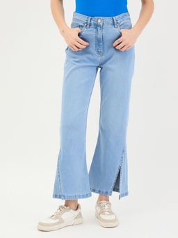 ELLE - Womens Blue Solid Bootcut High Rise Stretchable Seam Detailing Front Slit Jeans