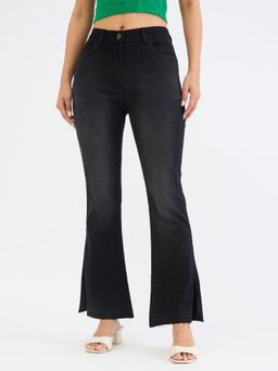 ELLE - Womens Black Solid High Rise Bootcut Fit Stretchable Studding Jeans