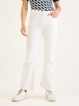 ELLE - Womens White Solid Mid Rise Stretchable Frayed Hem Bootcut Jeans