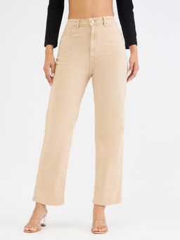 ELLE - Womens Beige Solid High Rise Straight Fit Studding Jeans