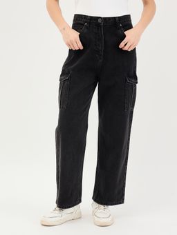 ELLE - Womens Black Solid High Rise Cargo Jeans