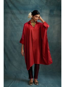 Krishna Mehta - Red Embroidered Block Print Kaftan and Pant (Set of 2)