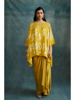 Krishna Mehta - Mustard Block Printed Kaftan and Skirt (Set of 2)