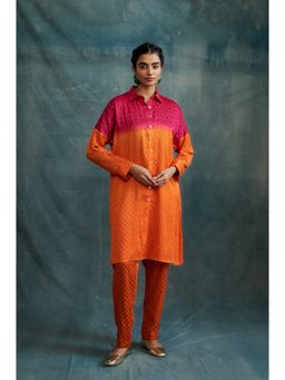 Krishna Mehta - Shaded Embroidered Block Printed Shirt Style Kurta and Pant (Set of 2)