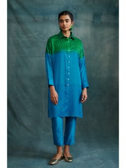 Krishna Mehta - Shaded Embroidered Block Printed Shirt Style Kurta and Pant (Set of 2)