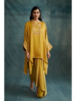 Krishna Mehta - Mustard Gota Embroidered Kaftan and Skirt (Set of 2)