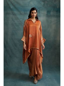Krishna Mehta - Brown Gota Embroidered Kaftan and Skirt (Set of 2)
