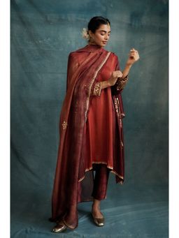 Krishna Mehta - Rust Shaded Embroidered Block Printed Kurta and Pant with Dupatta (Set of 3)