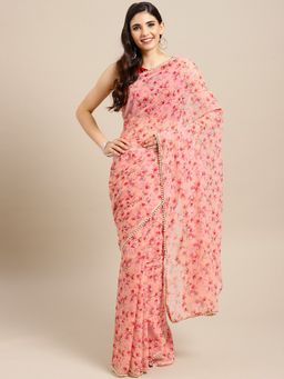 Tikhi Imli - Pink Floral Print Crepe Saree with Embellished Lace with Unstitched Blouse