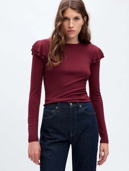 GAP - Womens Ruffle Round Neck Top Red