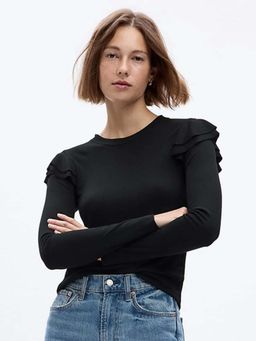 GAP - Womens Round Neck Ruffled Top Black