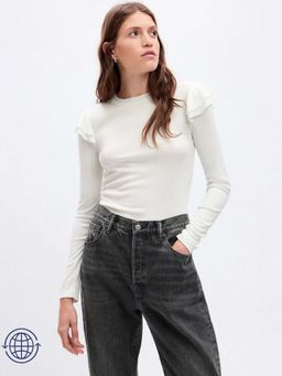 GAP - Womens Round Neck Ruffle Top White