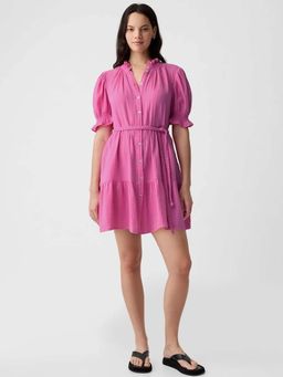 GAP - Womens High-Neck Belted Textured Shirt Dress Pink