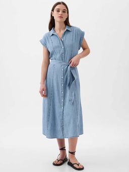 GAP - Womens Spread Collar Belted Shirt Dress Blue