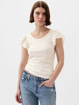 GAP - Womens Scalloped Cut-Work Round Neck Top Off White