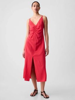 GAP - Womens V-Neck Ruched Midi Dress Red
