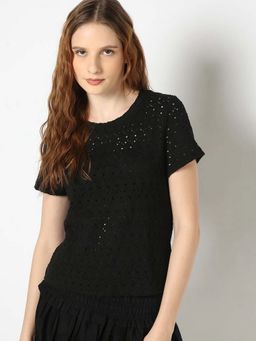 GAP - Womens Round Neck Cut-Work Top Black
